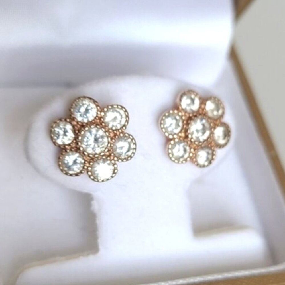 Vintage Feminine Rose Gold Crystal Rhinestone Flower Stud Earrings